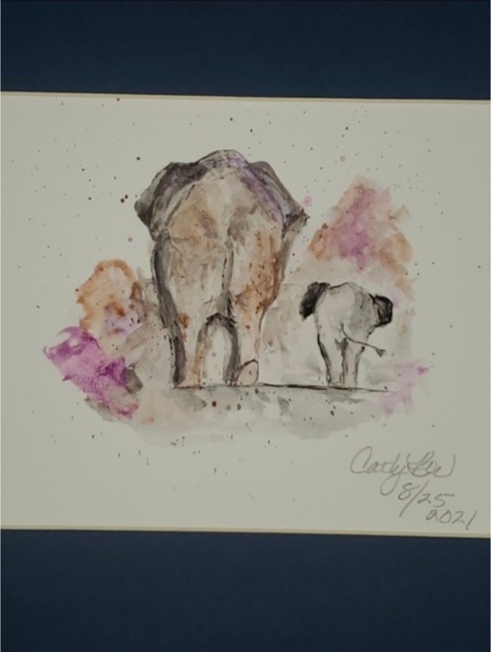 Elephant Watercolor Art‎ in Blue Frame By Cathy Box Wieging animal Ellie